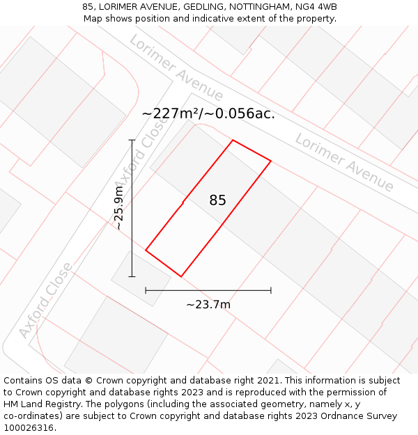 85, LORIMER AVENUE, GEDLING, NOTTINGHAM, NG4 4WB: Plot and title map