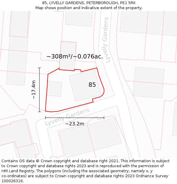 85, LYVELLY GARDENS, PETERBOROUGH, PE1 5RX: Plot and title map