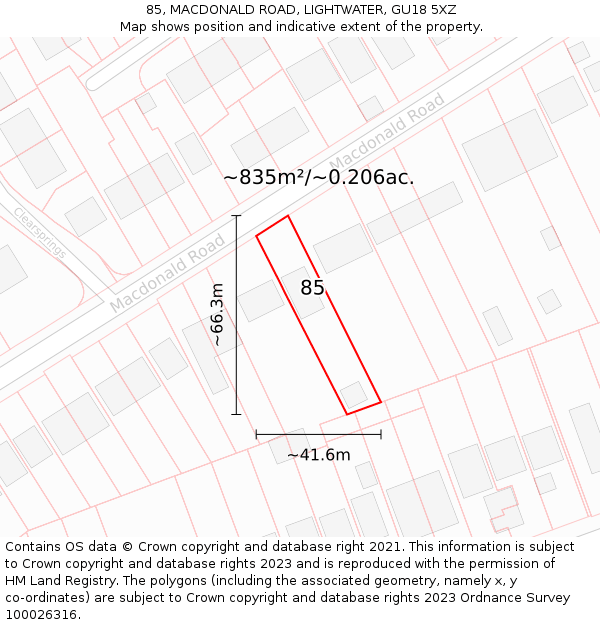 85, MACDONALD ROAD, LIGHTWATER, GU18 5XZ: Plot and title map