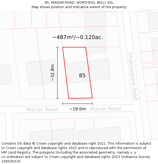 85, MANOR ROAD, WORTHING, BN11 4SL: Plot and title map