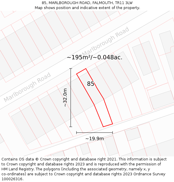 85, MARLBOROUGH ROAD, FALMOUTH, TR11 3LW: Plot and title map