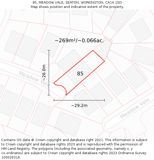 85, MEADOW VALE, SEATON, WORKINGTON, CA14 1SD: Plot and title map