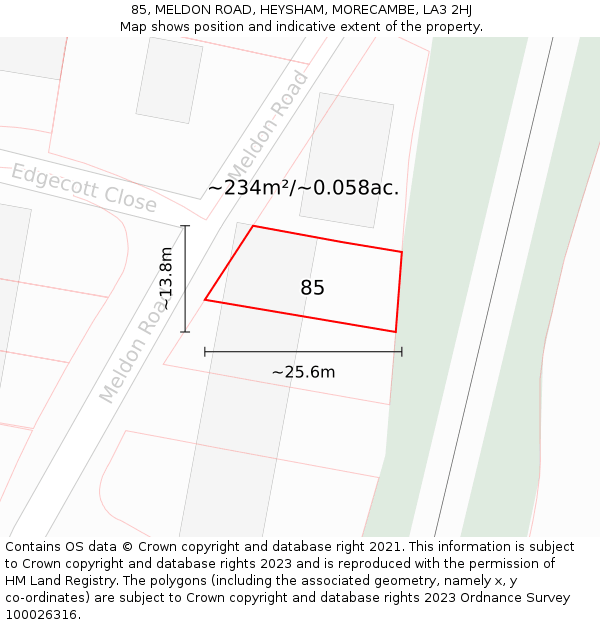 85, MELDON ROAD, HEYSHAM, MORECAMBE, LA3 2HJ: Plot and title map