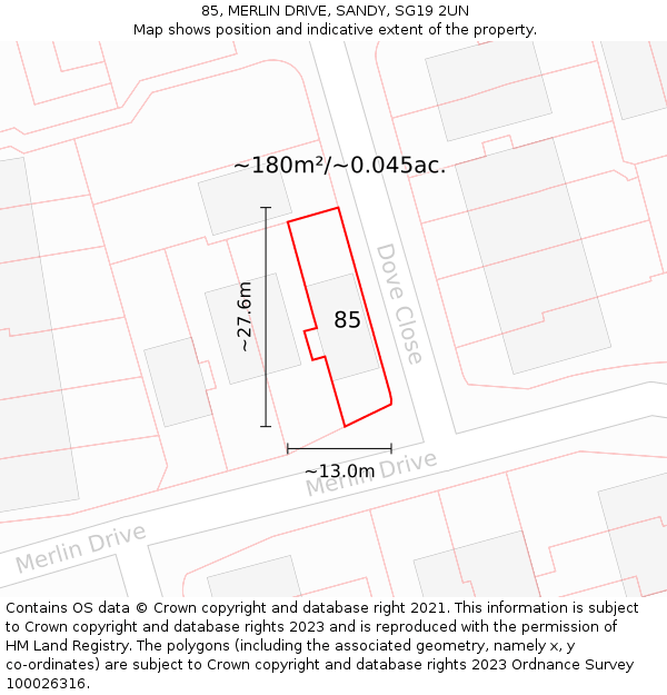 85, MERLIN DRIVE, SANDY, SG19 2UN: Plot and title map