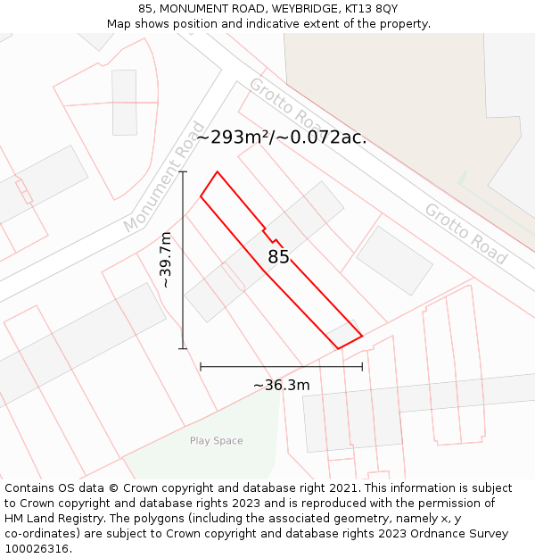 85, MONUMENT ROAD, WEYBRIDGE, KT13 8QY: Plot and title map