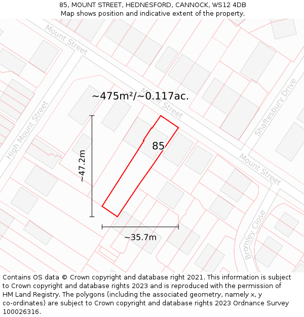 85, MOUNT STREET, HEDNESFORD, CANNOCK, WS12 4DB: Plot and title map