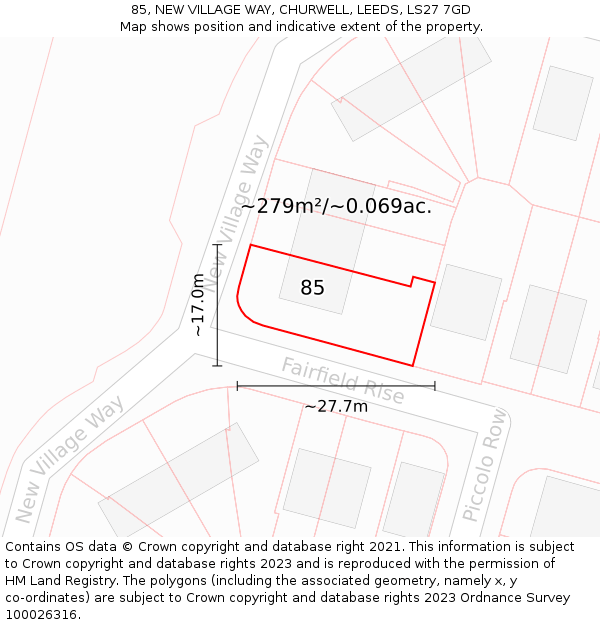 85, NEW VILLAGE WAY, CHURWELL, LEEDS, LS27 7GD: Plot and title map