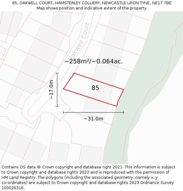 85, OAKWELL COURT, HAMSTERLEY COLLIERY, NEWCASTLE UPON TYNE, NE17 7BE: Plot and title map