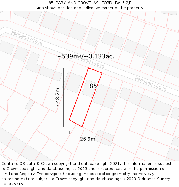 85, PARKLAND GROVE, ASHFORD, TW15 2JF: Plot and title map