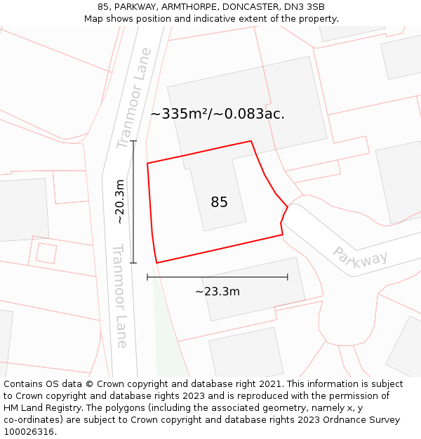 85, PARKWAY, ARMTHORPE, DONCASTER, DN3 3SB: Plot and title map