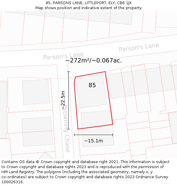 85, PARSONS LANE, LITTLEPORT, ELY, CB6 1JX: Plot and title map