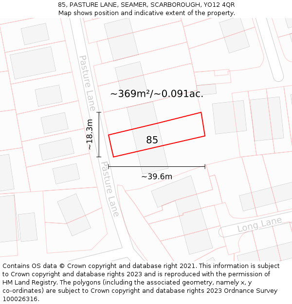 85, PASTURE LANE, SEAMER, SCARBOROUGH, YO12 4QR: Plot and title map