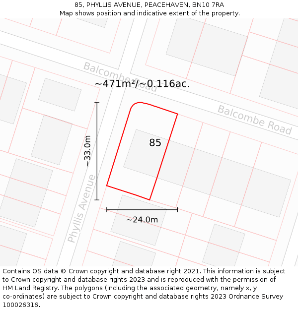 85, PHYLLIS AVENUE, PEACEHAVEN, BN10 7RA: Plot and title map