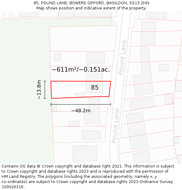 85, POUND LANE, BOWERS GIFFORD, BASILDON, SS13 2HN: Plot and title map