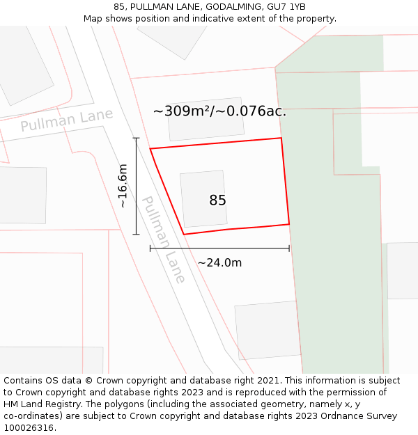 85, PULLMAN LANE, GODALMING, GU7 1YB: Plot and title map