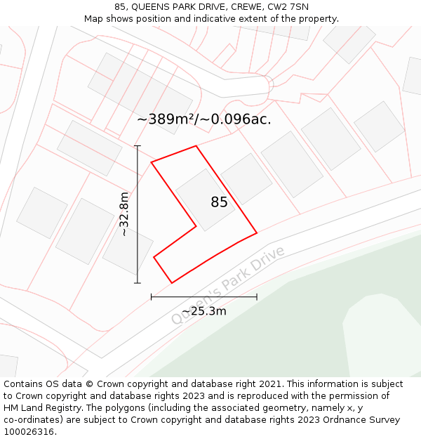 85, QUEENS PARK DRIVE, CREWE, CW2 7SN: Plot and title map