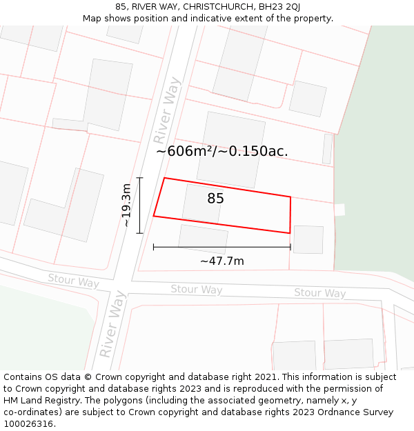 85, RIVER WAY, CHRISTCHURCH, BH23 2QJ: Plot and title map