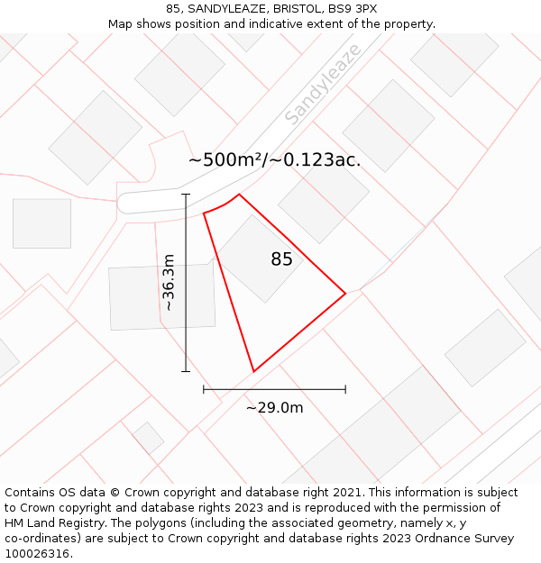 85, SANDYLEAZE, BRISTOL, BS9 3PX: Plot and title map