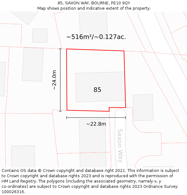 85, SAXON WAY, BOURNE, PE10 9QY: Plot and title map