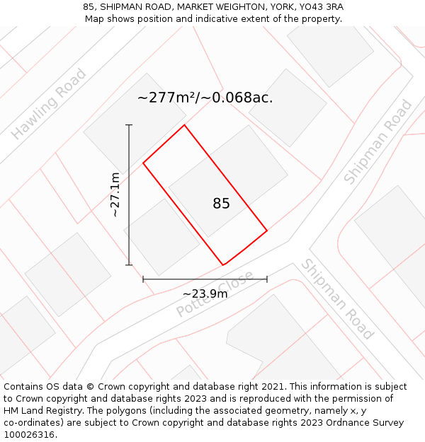 85, SHIPMAN ROAD, MARKET WEIGHTON, YORK, YO43 3RA: Plot and title map