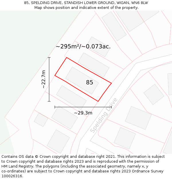 85, SPELDING DRIVE, STANDISH LOWER GROUND, WIGAN, WN6 8LW: Plot and title map