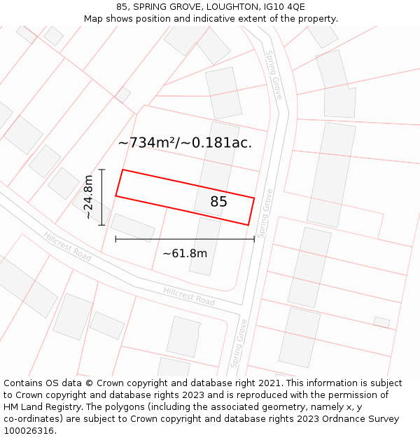 85, SPRING GROVE, LOUGHTON, IG10 4QE: Plot and title map