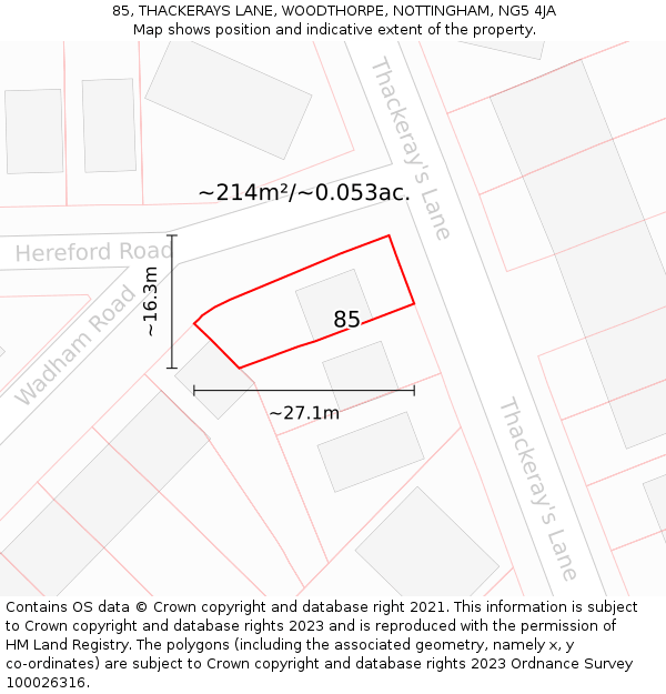 85, THACKERAYS LANE, WOODTHORPE, NOTTINGHAM, NG5 4JA: Plot and title map