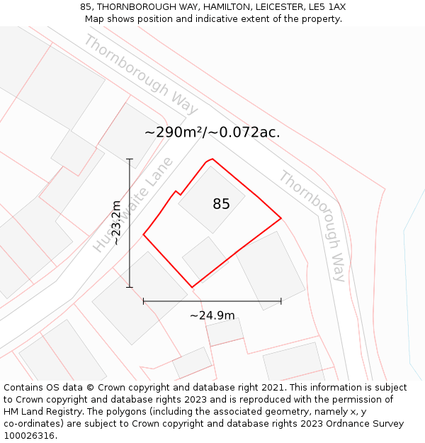 85, THORNBOROUGH WAY, HAMILTON, LEICESTER, LE5 1AX: Plot and title map