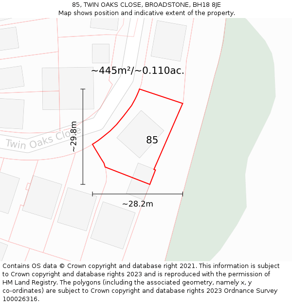 85, TWIN OAKS CLOSE, BROADSTONE, BH18 8JE: Plot and title map