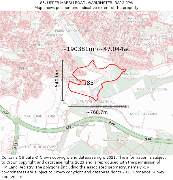 85, UPPER MARSH ROAD, WARMINSTER, BA12 9PW: Plot and title map