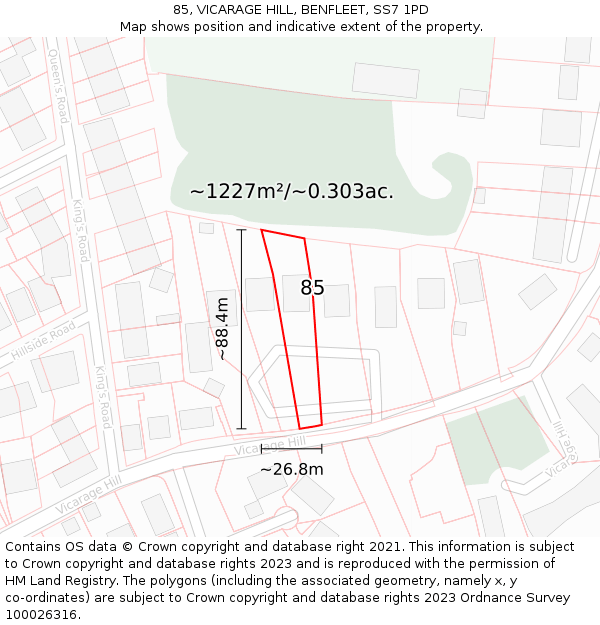 85, VICARAGE HILL, BENFLEET, SS7 1PD: Plot and title map