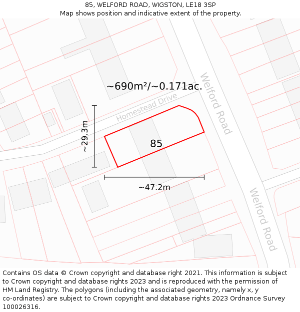 85, WELFORD ROAD, WIGSTON, LE18 3SP: Plot and title map