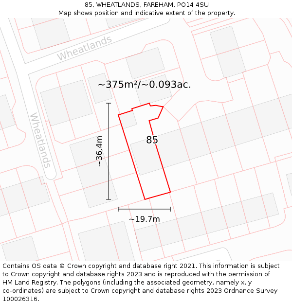 85, WHEATLANDS, FAREHAM, PO14 4SU: Plot and title map