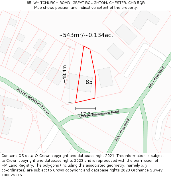 85, WHITCHURCH ROAD, GREAT BOUGHTON, CHESTER, CH3 5QB: Plot and title map