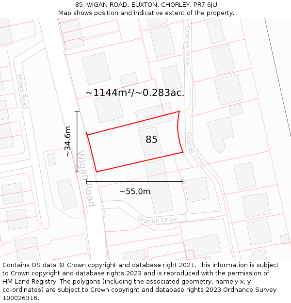 85, WIGAN ROAD, EUXTON, CHORLEY, PR7 6JU: Plot and title map