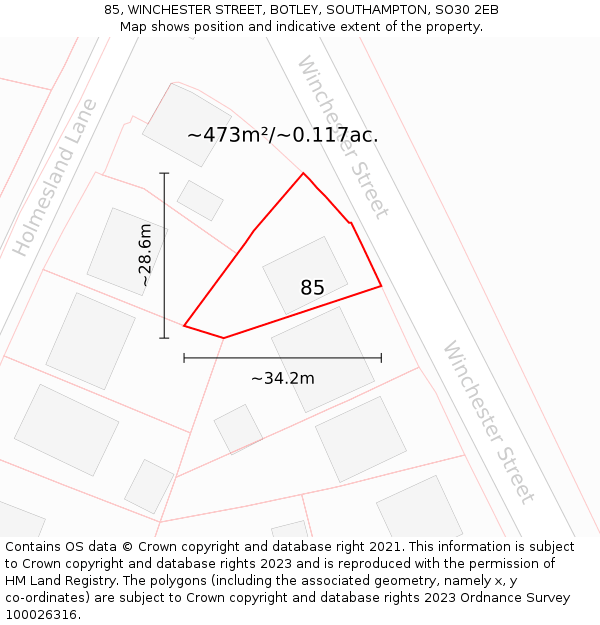 85, WINCHESTER STREET, BOTLEY, SOUTHAMPTON, SO30 2EB: Plot and title map