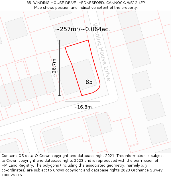 85, WINDING HOUSE DRIVE, HEDNESFORD, CANNOCK, WS12 4FP: Plot and title map