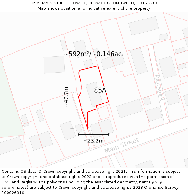 85A, MAIN STREET, LOWICK, BERWICK-UPON-TWEED, TD15 2UD: Plot and title map