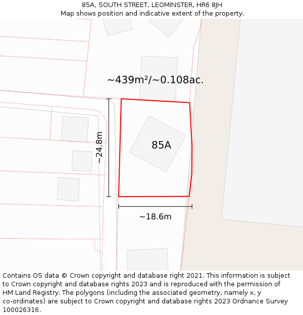 85A, SOUTH STREET, LEOMINSTER, HR6 8JH: Plot and title map