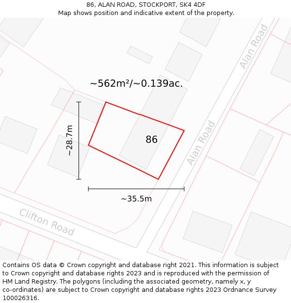 86, ALAN ROAD, STOCKPORT, SK4 4DF: Plot and title map