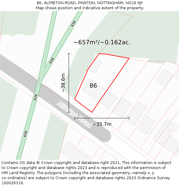 86, ALFRETON ROAD, PINXTON, NOTTINGHAM, NG16 6JY: Plot and title map