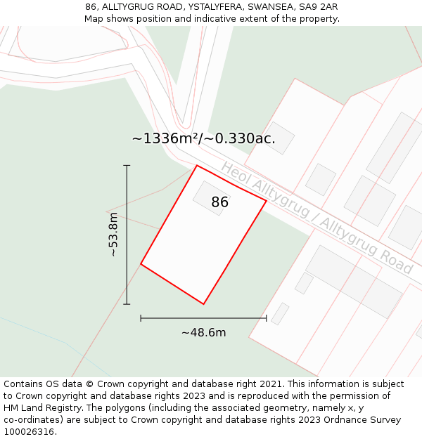 86, ALLTYGRUG ROAD, YSTALYFERA, SWANSEA, SA9 2AR: Plot and title map