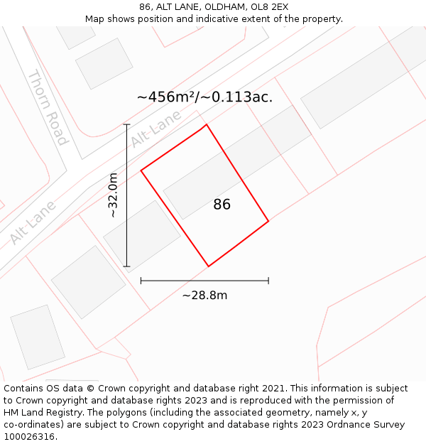 86, ALT LANE, OLDHAM, OL8 2EX: Plot and title map