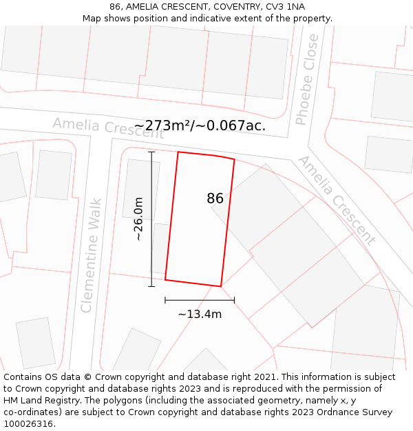 86, AMELIA CRESCENT, COVENTRY, CV3 1NA: Plot and title map