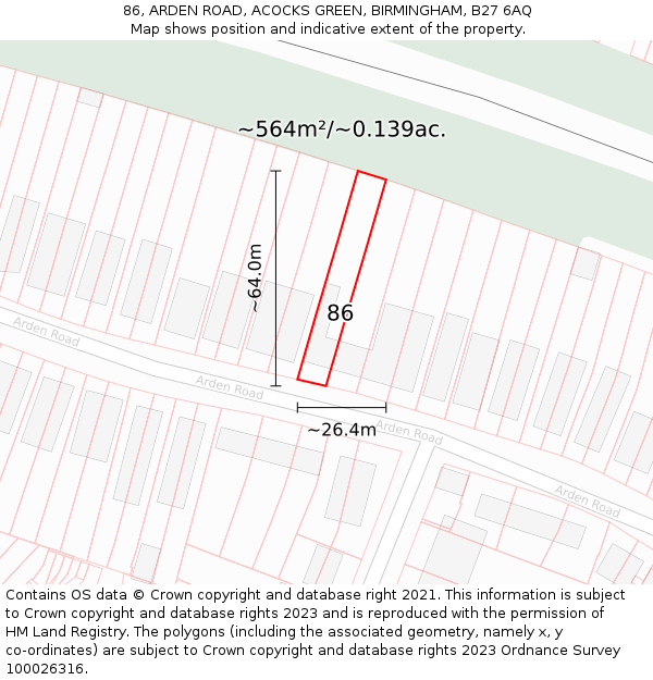 86, ARDEN ROAD, ACOCKS GREEN, BIRMINGHAM, B27 6AQ: Plot and title map