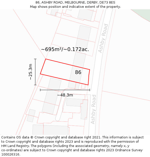 86, ASHBY ROAD, MELBOURNE, DERBY, DE73 8ES: Plot and title map