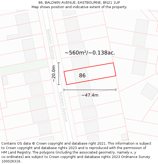 86, BALDWIN AVENUE, EASTBOURNE, BN21 1UP: Plot and title map