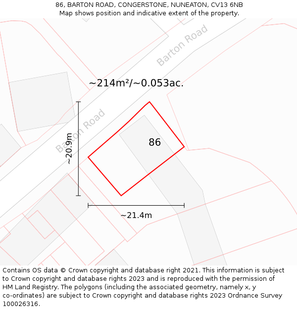 86, BARTON ROAD, CONGERSTONE, NUNEATON, CV13 6NB: Plot and title map