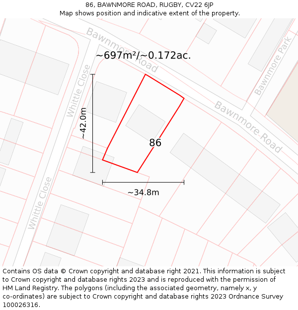 86, BAWNMORE ROAD, RUGBY, CV22 6JP: Plot and title map