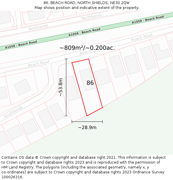 86, BEACH ROAD, NORTH SHIELDS, NE30 2QW: Plot and title map